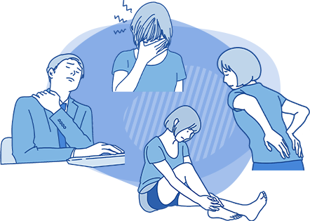 体の痛みや不調を抱える人のイラスト